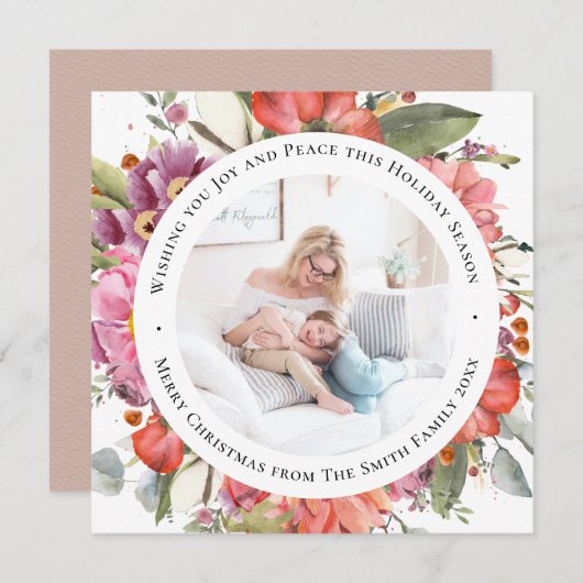 Elegant Pink Peony Modern Script Waterverf Floral Feestdagenkaart (Voorkant / Achterkant)