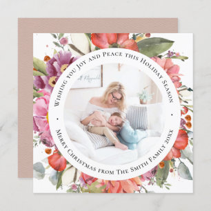 Elegant Pink Peony Modern Script Waterverf Floral Feestdagenkaart