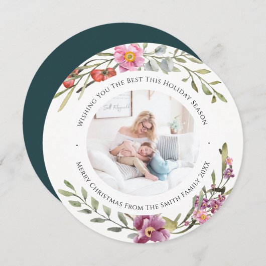 Elegant Pink Peony Modern Script Waterverf Floral Feestdagenkaart (Voorkant / Achterkant)