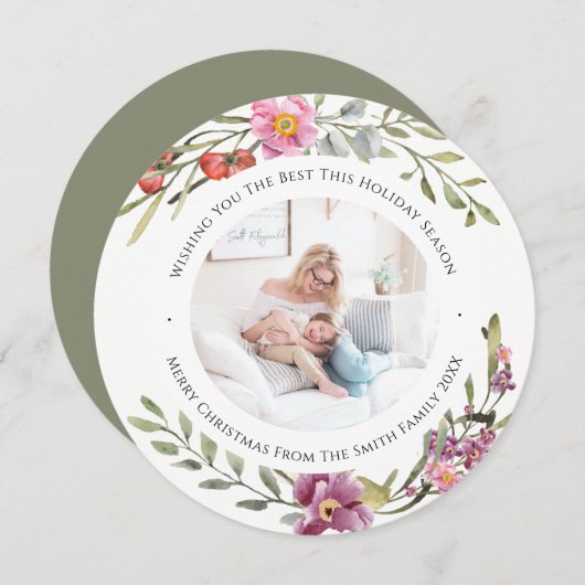 Elegant Pink Peony Modern Script Waterverf Floral Feestdagenkaart (Voorkant / Achterkant)