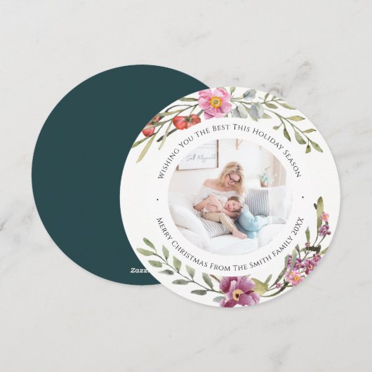 Elegant Pink Peony Modern Script Waterverf Floral Feestdagenkaart (Voorkant / Achterkant)