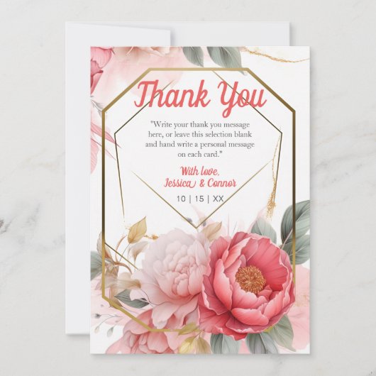 Elegant Pink Peony Waterverf Wedding Gold Lijst Bedankkaart (Voorkant)