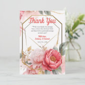 Elegant Pink Peony Waterverf Wedding Gold Lijst Bedankkaart (Staand voorkant)