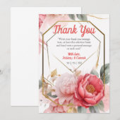Elegant Pink Peony Waterverf Wedding Gold Lijst Bedankkaart (Voorkant / Achterkant)
