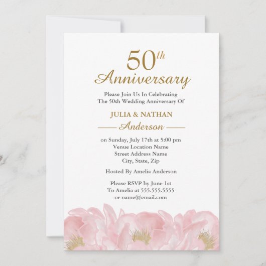 Elegant Pink Peony Wedding Jubileum Uitnodiging (Voorkant)
