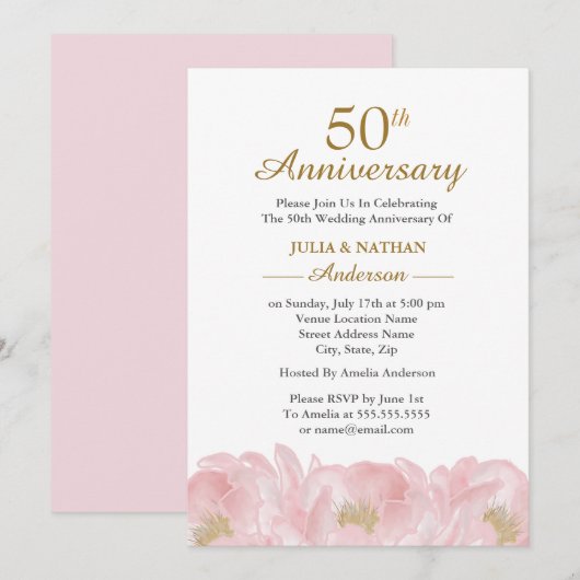 Elegant Pink Peony Wedding Jubileum Uitnodiging (Voorkant / Achterkant)