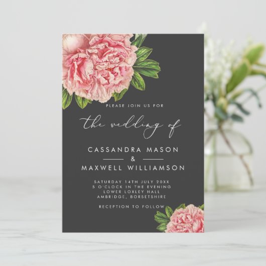 Elegant  Pink Peony Wedding Kaart (Staand voorkant)