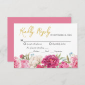 Elegant Pink Pony Florals Wedding Reply RSVP Card (Voorkant / Achterkant)