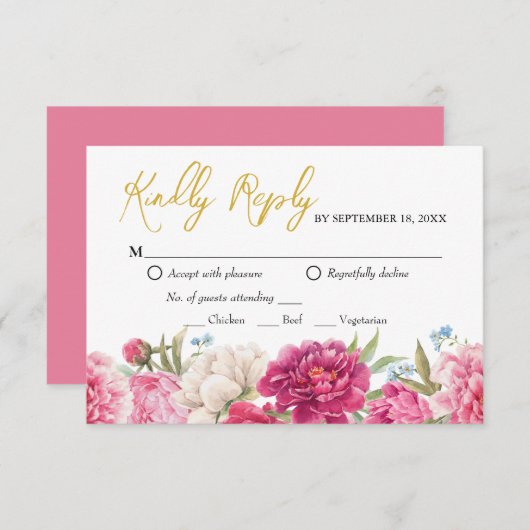 Elegant Pink Pony Florals Wedding Reply RSVP Card (Voorkant / Achterkant)