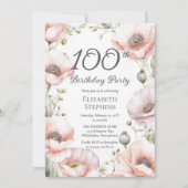 Elegant Pink Poppies Floral 100th Birthday Party Kaart (Voorkant)