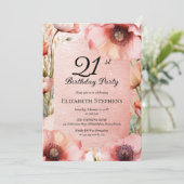 Elegant Pink Poppies Floral 21st Birthday Party Kaart (Staand voorkant)