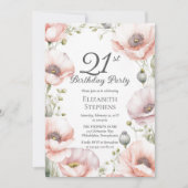 Elegant Pink Poppies Floral 21st Birthday Party Kaart (Voorkant)