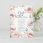 Elegant Pink Poppies Floral 21st Birthday Party Kaart (Staand voorkant)