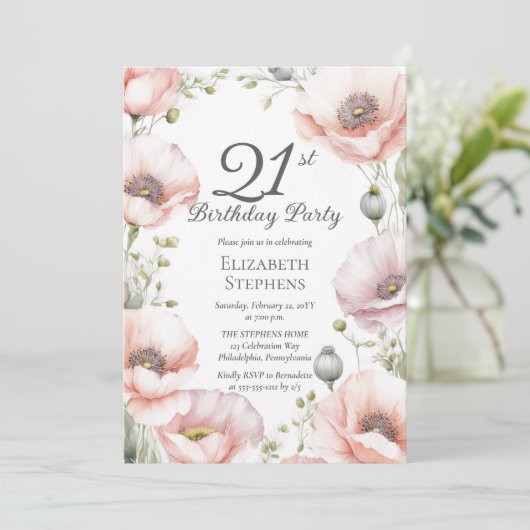 Elegant Pink Poppies Floral 21st Birthday Party Kaart (Staand voorkant)