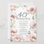 Elegant Pink Poppies Floral 40th Birthday Party Kaart (Voorkant)