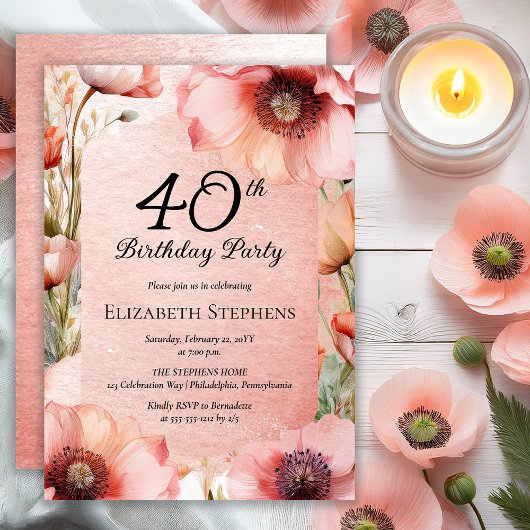 Elegant Pink Poppies Floral 40th Birthday Party Kaart