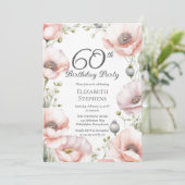 Elegant Pink Poppies Floral 60th Birthday Party Kaart (Staand voorkant)