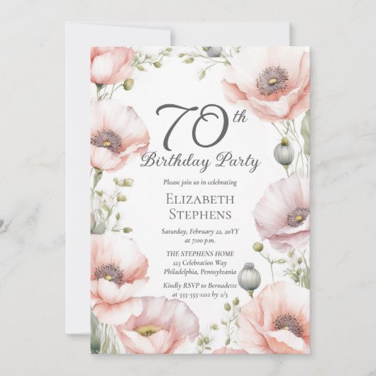 Elegant Pink Poppies Floral 70th Birthday Party Kaart (Voorkant)