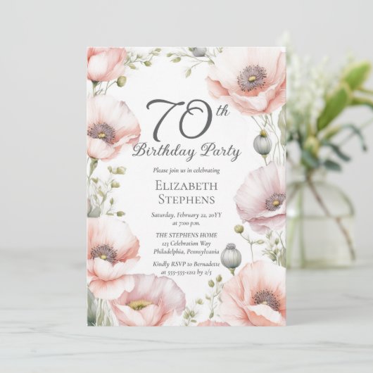 Elegant Pink Poppies Floral 70th Birthday Party Kaart (Staand voorkant)