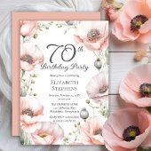 Elegant Pink Poppies Floral 70th Birthday Party Kaart
