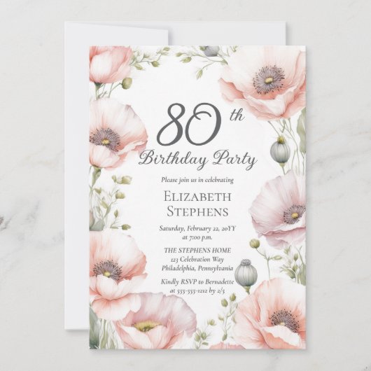 Elegant Pink Poppies Floral 80th Birthday Party Kaart (Voorkant)