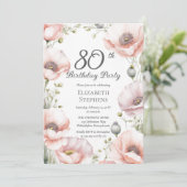 Elegant Pink Poppies Floral 80th Birthday Party Kaart (Staand voorkant)