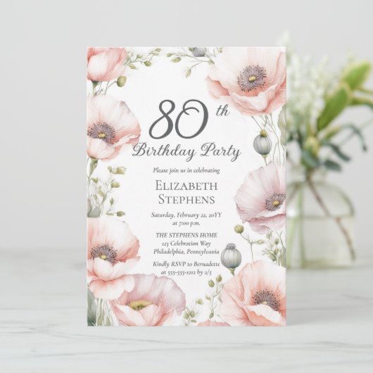Elegant Pink Poppies Floral 80th Birthday Party Kaart (Staand voorkant)