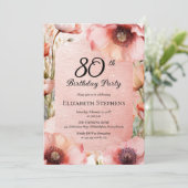 Elegant Pink Poppies Floral 80th Birthday Party Kaart (Staand voorkant)