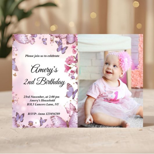 Elegant Pink Purple Butterfly Birthday Photo Kaart