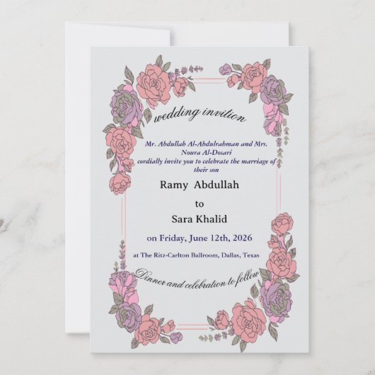 Elegant Pink Purple Floral Rose Invitation Kaart (Voorkant)