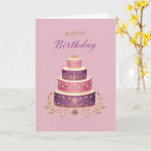 Elegant Pink, Purple & Gold Birthday Cake Kaart (Gele Bloem)