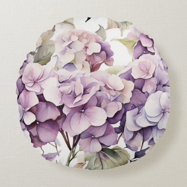 Elegant pink purple watercolor hydrangeas  rond kussen (Voorkant)