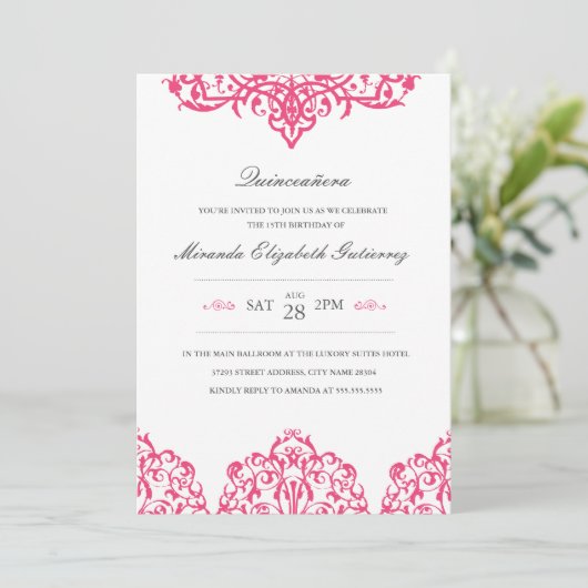 Elegant Pink Quinceañera Uitnodiging (Staand voorkant)