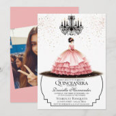 Elegant Pink Quinceañera Uitnodiging (Voorkant / Achterkant)