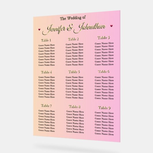 Elegant Pink Red Hearts Wedding Seating Chart Acryl Bord (Hoek)