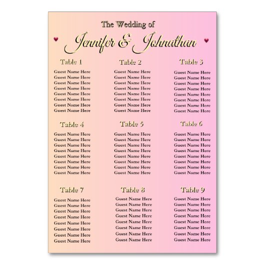 Elegant Pink Red Hearts Wedding Seating Chart Kaart (Voorkant)