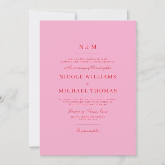 Elegant Pink Red Monogram Classic Wedding Kaart (Voorkant)