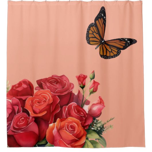 Elegant Pink Red Roses & Butterfly Shower Curtain Douchegordijn (Voorkant)