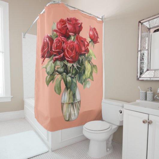 Elegant Pink Red Roses & Butterfly Shower Curtain Douchegordijn (In situ)