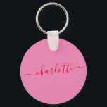 Elegant Pink Red Script Modern Name Personalized Sleutelhanger<br><div class="desc">This personalized round keychain features a custom name in red elegant script on a pink background, creating a simple yet stylish everyday accessory. Customize with a name to make a thoughtful gift for bridesmaids, bachelorette party favors, or bridal shower thank you gifts. Lightweight and easy to carry, it’s a practical...</div>