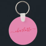 Elegant Pink Red Script Modern Name Personalized Sleutelhanger<br><div class="desc">This personalized round keychain features a custom name in red elegant script on a pink background, creating a simple yet stylish everyday accessory. Customize with a name to make a thoughtful gift for bridesmaids, bachelorette party favors, or bridal shower thank you gifts. Lightweight and easy to carry, it’s a practical...</div>