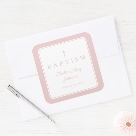 Elegant Pink Religious Cross Boy Baptism Vierkante Sticker (Envelop)