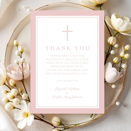 Elegant Pink Religious Cross Girl Baptism Bedankkaart