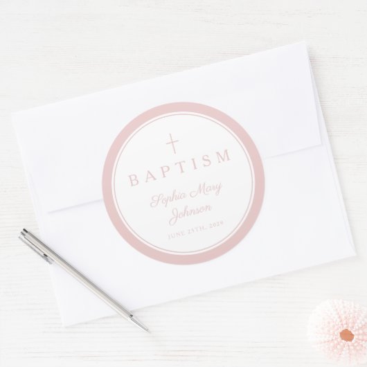 Elegant Pink Religious Cross Girl Baptism Ronde Sticker (Envelop)