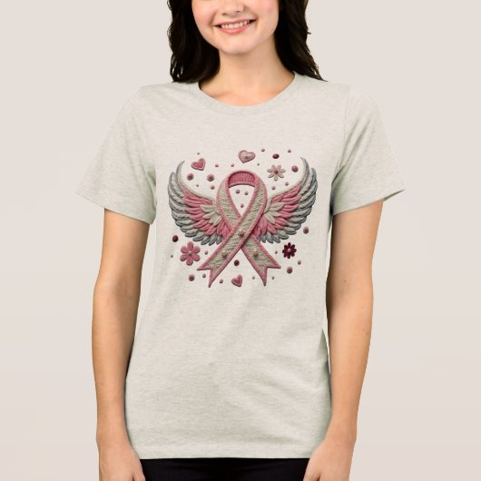 Elegant Pink Ribbon with Angel Wings Embroidery  Tri-Blend Shirt (Voorkant)