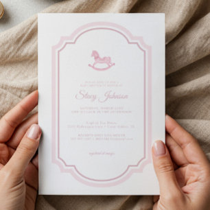 Elegant Pink Rocking Horse Baby shower Uitnodigen Kaart