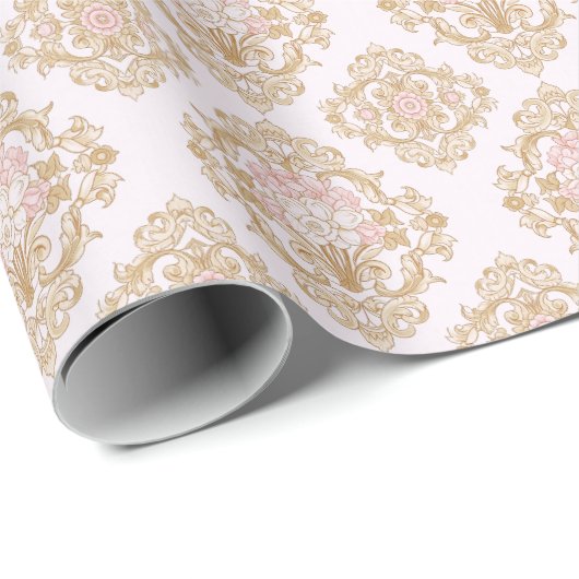 Elegant Pink Rose and Gold Baroque Frame Cadeaupapier (Rol Hoek)