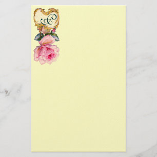 ELEGANT PINK ROSE AND GOLD SWIRLS MONOGRAM, Cream Briefpapier