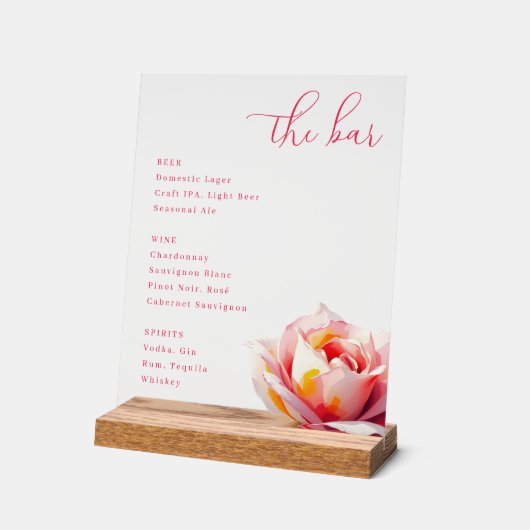 Elegant Pink Rose Bar Menu Acryl Bord (Hoek)