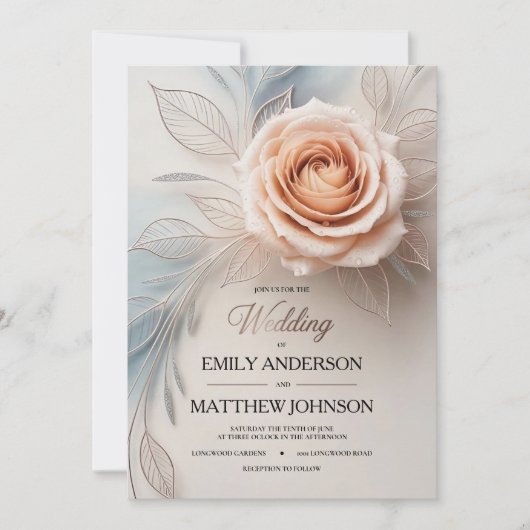 Elegant Pink Rose Dew Drop Wedding Invitation Kaart (Voorkant)